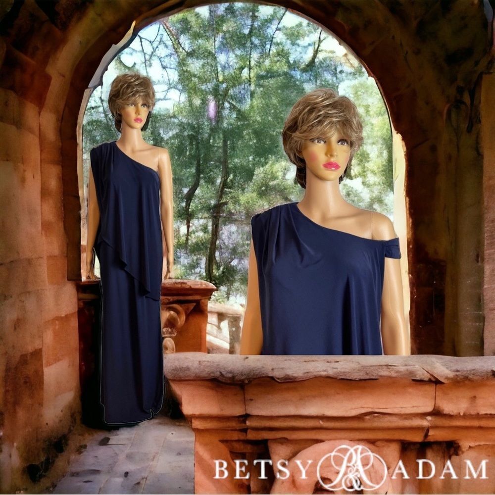 🔴 Betsy Adam One Shoulder / Cold Shoulder Cape Gown